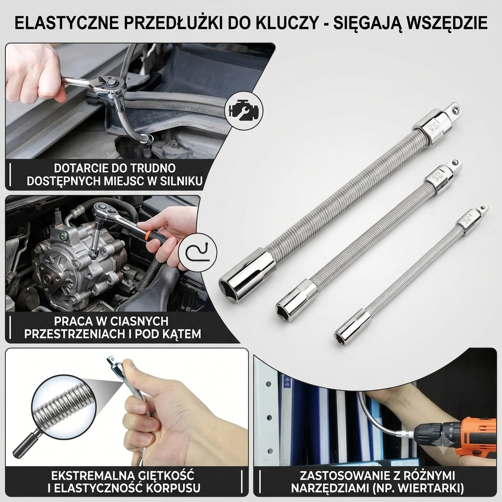 FlexReach™ - Zestaw 3 elastyczne przedłużki do kluczy